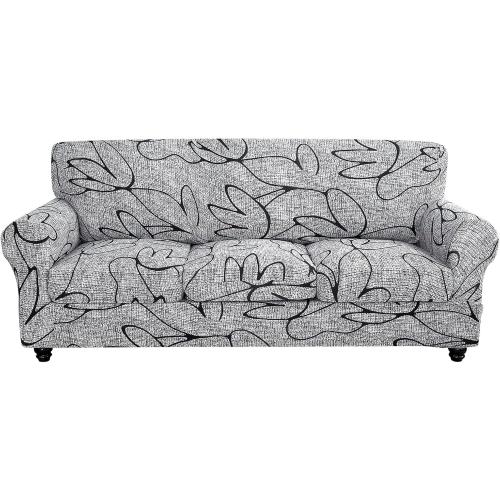 SearchI Stretch Sofa Cover Printed Couch Cover, Floral Pattern 4 Pieces Sofa Slipcover with 3 Separate Cushion Cover, Washable Furniture Protector for Living Room(Sofa, Grey Lotus White)