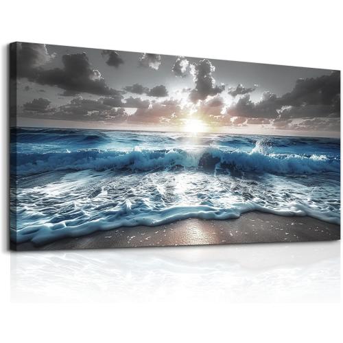 60x30 hyidecorart Large Wall Art For Living Room Modern Wall Decor For Office Blue Beach Painting Sea Waves Sunshine Wall Pictures Bedroom Home Decoration Prints Posters Mural Artwork Ready To Hang 60x30