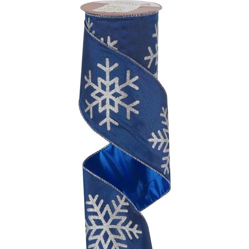 MEEDEE 4 Inch Navy Blue Snowflake Ribbon Navy Satin Wired Christmas Tree Ribbons with Silver Glitter Snowflake 10 Yards Blue and Silver Ribbon for Holiday Crafts, Garlands, Large Tree Topper Bow