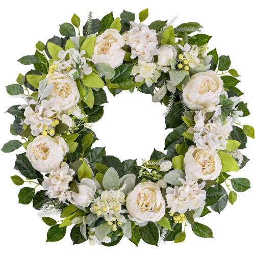 TechKen Peony Spring Wreaths for Front Door Outside 22-24 inch Handmade Artificial Blooming Flower Wreath for Indoor Outdoor Wall Window Decorations Door Wreath