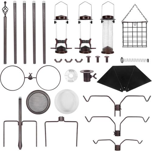 6-Hook Bird Feeding Station Kit, 94 Inch Heavy Duty Bird Feeder Stand Pole for Outdoors Hanging with 4 Feeders, Wide Metal Squirrel Baffle, Attracting Wild Birds