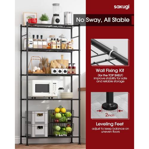 Sakugi Storage Shelves - 5 Tier Shelf Organizer, Heavy Duty Garage Shelving Unit with Leveling Feet, Stable Metal Shelves Organizer for Pantry, Kitchen and Closet, 33.0 W x 12.6 D x 72.0 H, Black