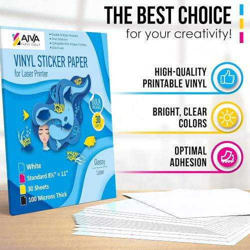 Printable Vinyl Sticker Paper for Laser Printer - Glossy White - 30 Self-Adhesive Sheets - Waterproof Decal Paper - Standard Letter Size 8.5x11