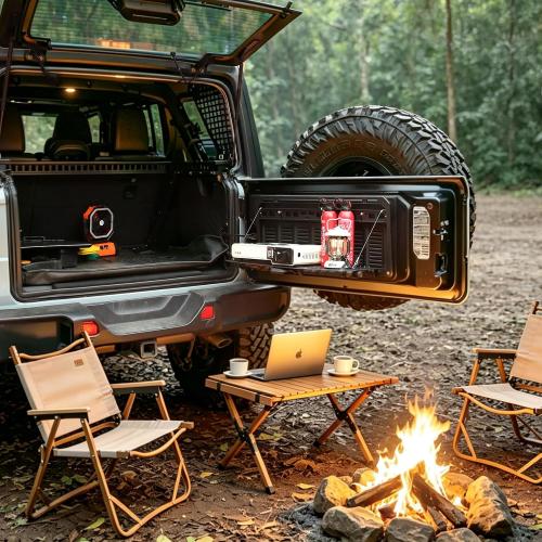 Tailgate Table Storage Rack Compatible with Jeep Wrangler 2007-2018 JK JKU & 2018-2025 JL JLU 4 Doors, Foldable Rear Cargo Shelf MOLLE Panel Camping Desk Organizer(Not fit with Low Speaker JK Models)