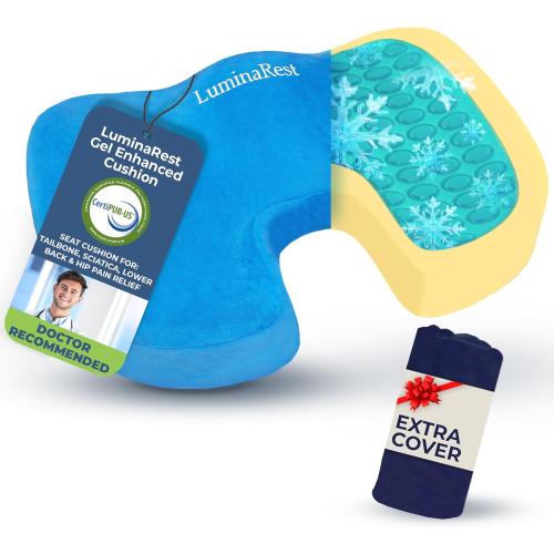 LuminaRest® Gel Seat Cushion for Long Sitting – CertiPUR-US® Certified Memory Foam – Tailbone Pain Relief Cushion, Adaptable for Office, Car, Airplane & Wheelchair – (Blue)