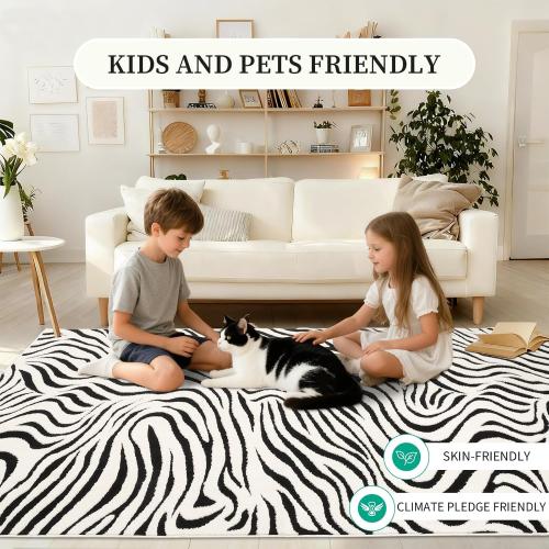 YIHOUSE 8x10Ft Area Rugs for Living Room: Modern Washable Rug - Abstract Black and Cream White Rug for Bedroom Dining Room Office Playroom Nursery Home Decor - Nonslip Non-Shedding Striped Rugs