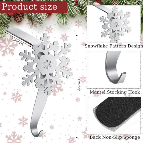 Peryiter 12 Pieces Snowflake Christmas Stocking Holders for Mantle Christmas Stocking Hooks Metal Sock Hangers Holder Stand Weighted for Fireplace(Silver)