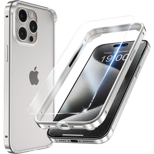 YMHML Bumper Case for iPhone 15 Pro Titanium, Aluminum Alloy   TPU Bumper Frame with Screen Protector Tempered Glass, Metal Slim Fit No Back Design 4 Corner Raised Protection Accessories, Silver