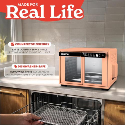 Gourmia French Door Air Fryer Oven - 37 Qt Large Capacity Convection Toaster Oven, FryForce 360°, Digital Display, 12 Cooking Presets, Dehydrate, Fits 13” Pizza, Dishwasher-Safe, Peach‼️needs heavy cleaning ‼️