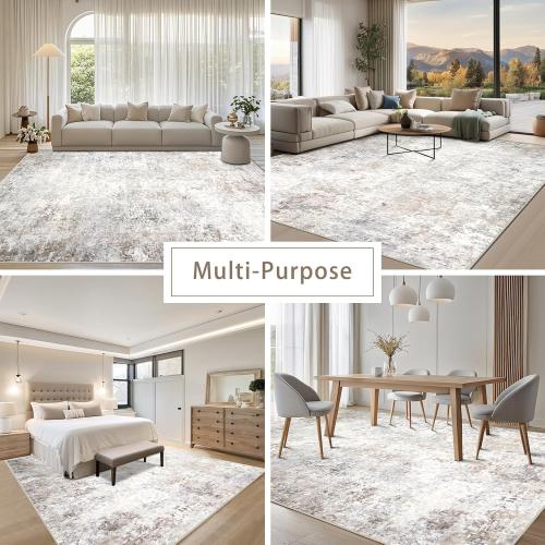 Modern Washable Rugs 9x12 Area Rugs for Living Room,Abstract Rugs for Bedroom,Large Carpets,Ultra Soft Faux Wool Retro Dining Room Rug,Non Slip&Non-Shedding Low Pile Print Rug- Beige Grey