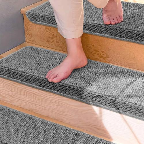 Bullnose Carpet Stair Treads, Non Slip Stair Treads for Wooden Steps Indoor, Stair Runner, Soft Stair Rugs, Edging Stair Protectors, Washable, 29.5x9.5x1.5 14pcs, Grey