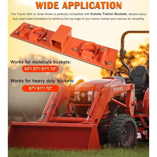 Bonbo Tractor Grab Hooks Compatible with Kubota Tractors - Bolted on Compact Tractor Bucket Grab Hooks with D Rings and 2 Receiver, Orange