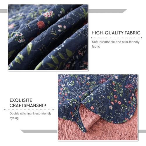 Travan 3-Piece Quilt Set Quilted Bedspread Lightweight Coverlet Set Garden Style Floral Printed Oversized Quilted Bedding Set for All Season, Blue Flower Sea, Queen Size