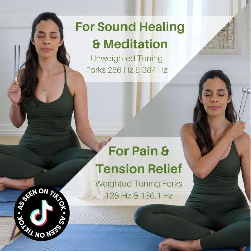 Resonance Tuning Forks for Healing Set - 128Hz, 136.1Hz, 256Hz, 384Hz Weighted & Unweighted Tuning Fork Set Includes Hockey Puck Activator - Chakra Sound Therapy Instruments in a Vegan Leather Pouch