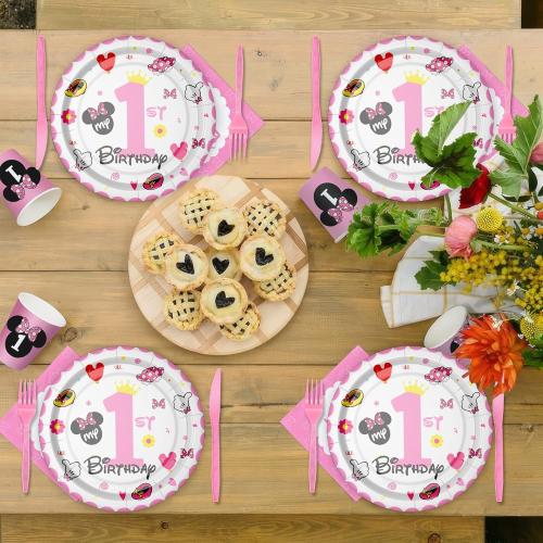 Minnie 1st Birthday Party Supplies - Minnie Theme Mouse Birthday Decorations Tableware, Plate, Cup, Napkin, Tablecloth, Cutlery, Straw, Pink Minnie First Birthday Party Supplies | Serve 24