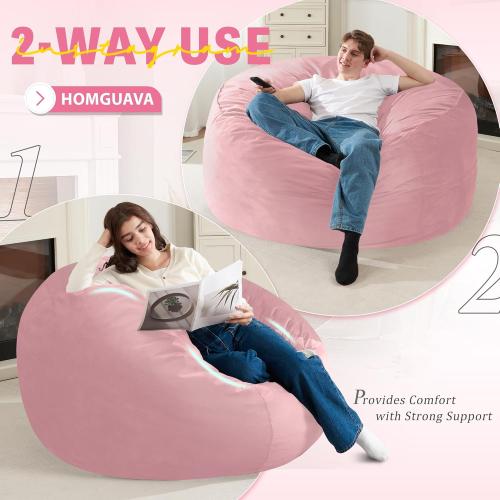 Homguava 4 FT Bean Bag Chair: 4' Bean Bags with Memory Foam Filled, Large Beanbag Chairs Soft Sofa with Dutch Velvet Cover-Light Pink