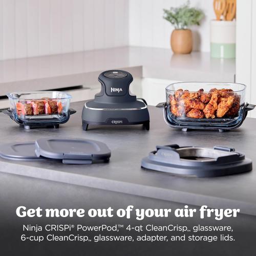 Ninja Crispi 4-in-1 Portable Glass Air Fryer Cooking System, 1500W, 4QT & 6-Cup TempWare Glass Containers with Storage Lids, Microwave, Freezer & Dishwasher Safe, Cyberspace Gray, FN101GY
