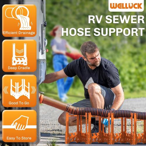 WELLUCK RV Sewer Hose Support 10FT, Blaze Orange RV Sewer Support with Adjustable Height Design, Secure Rubber Band and Carry Strap, Quick Setup and Collapse for Campers Travel Trailers and Motorhome