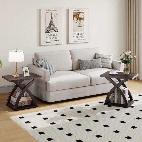 ChooChoo End Side Table Set of 2, Modern End Table with Storage Shelf, X-Design Side Table Living Room (Espresso)