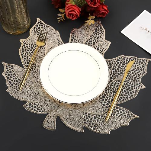 Gold Placemats Set of 8, Vinyl Table Mats Hollowed-Out Leaf Place Mats Dinner Table Decor Mats for Wedding Party Kitchen Decorations