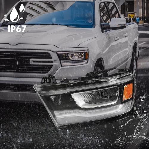 FIONE LED Headlight Assembly Compatible with Dodge Ram 1500 2019-2022 Replacement Headlamp with Silver Frame Driver Left Side LH 68533273AB CH2502332