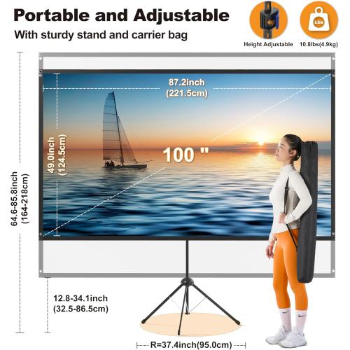 Size 16:9 Outdoor Projector Screen 100 Inch, 16:9, High Gain, Projector Screen with Stand, Wind-resistant Design for Portable Projection Screen Outdoor, With Ropes and Spikes, 4K Image for Home Theater, Camping