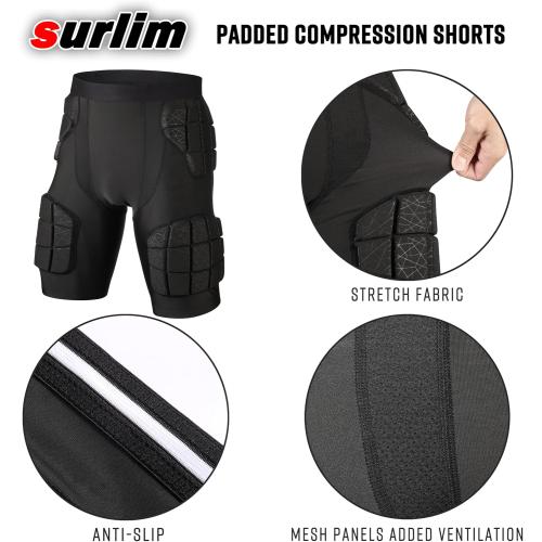 Surlim Football Girdle for Men, 5-Pad Compression Shorts with 12mm Padding | 12mm Sewn-In Pads, Stay-in-Place Fit, Breathable Compression Shorts for Football Practice & Game, Built-in Cup Pocket