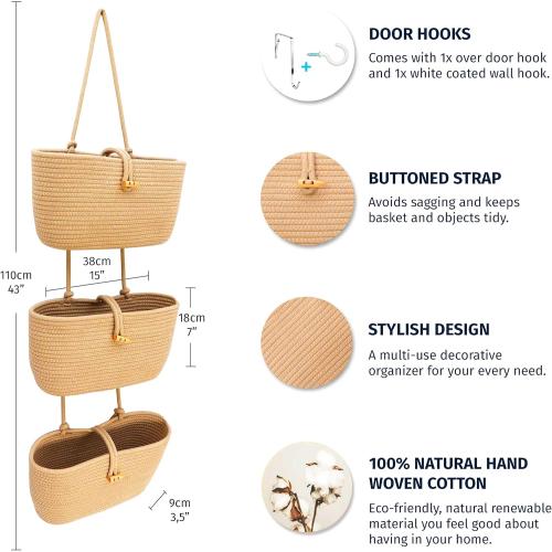 OrganiHaus Over the Door Hanging Basket for Organizing, 3-Tier Hanging Wall Basket for Storage, Boho Nursery Decor for Wall, Behind Door Wall Storage, Wall Organizer for Office, Wall Toy Storage Honey