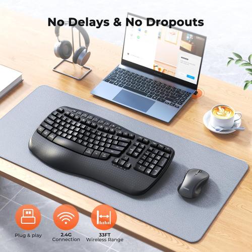 Black MEETION New Ergonomic Keyboard and Mouse Wireless Combo, Wave Keys Natural Typing, 2.4G Wireless Keyboard with Wrist Rest, 4 Adjustable DPI Optical Mouse, Computer/Laptop/Windows/Mac, Black