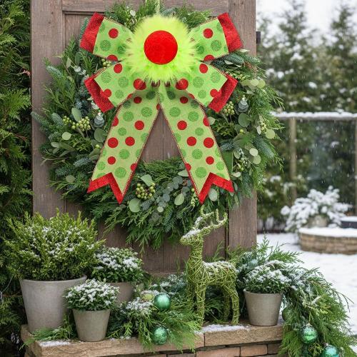 Suncalla 2 Pack Red Green Christmas Bows Decorations 9x13 Large Plush Wreath Bows Ornaments with Green Red Dot for Xmas Tree Home Fence Stairs Fireplace Front Garland Indoor Outdoor Decor