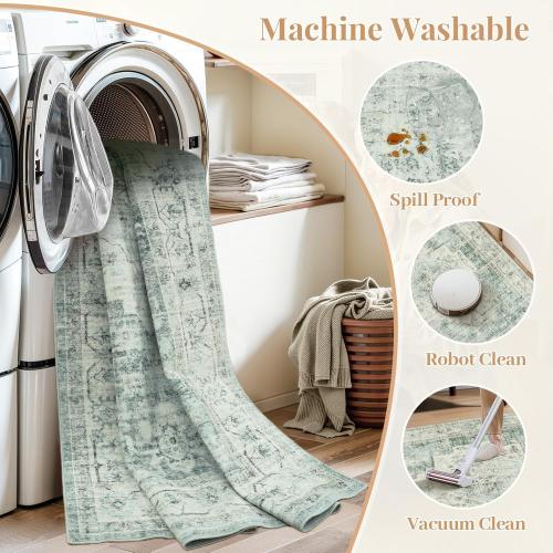 Washable Small  Runner Rug for Bathroom, Non Slip Kitchen Mats for Floor Entryway, Boho Indoor Front Door Mat Low-Pile Runners for Hallways, Farmhouse Rugs for Laundry, Sage Green