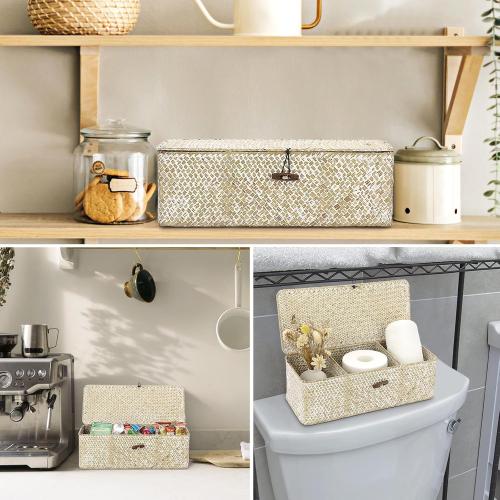 Hipiwe Seagrass Storage Basket Bin 3 Sections Hand-Woven Wicker Baskets with Lid Bathroom Basket Toilet Tank Baskets Holder for Organize Snack Tissue, Whitewash