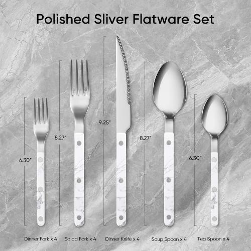 CAROTE Silverware Set with White Marble Handle, 20 Piece Flatware Cutlery Set for 4, Stainless Steel Kitchen Utensil Set for Home Restaurant Party, Dishwasher Safe