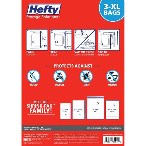 Pack of 3 Size XL Hefty Shrink-Pak - 3 Extra Large Vacuum Storage Bags for Clothes, Pillows, Towels, or Blankets - Space Saver Vacuum Sealer Bags Ideal Under Bed Storage Solutions