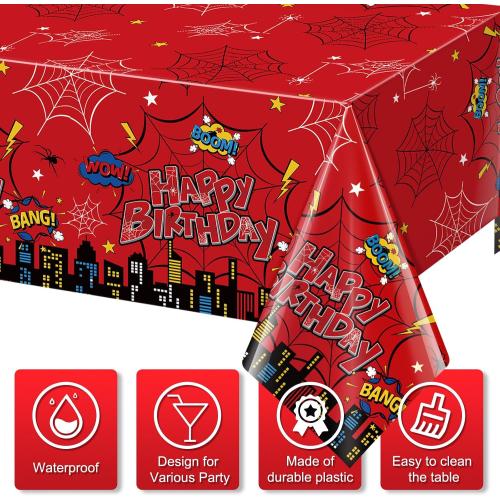 3Pcs Spider Birthday Party Tablecloth Decorations, Disposable Plastic Cartoon Spider Tablecloths Red Table Cover for Rectangle Table Boy’s Birthday Party Supplies, 54x108 inches