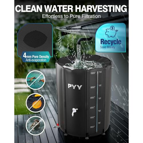 PYY Rain Water Collection Barrel - 132 Gallon Black Water Storage Tank with Spigot, Hose and Portable Bucket, Large Plastic Collapsible Rain Catcher Catchment System to Collect Rainwater from Gutter