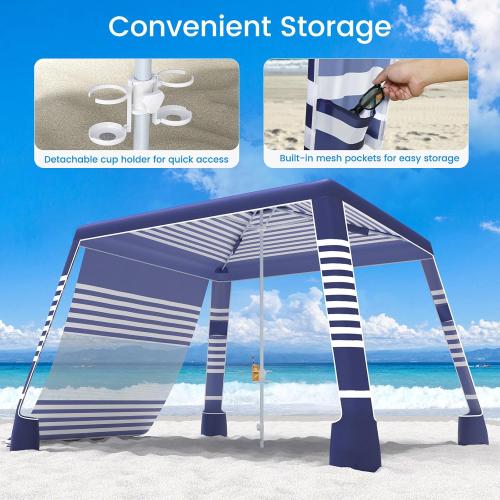 MoKo Beach Cabana, 8'×8' Large Beach Canopy with Side Wall, UPF 50  Protection Easy Setup Beach Tent Sun Shelter, Adjustable Height Wind Resistant Cabana Beach Tent for Whole Family, Navy Stripes
