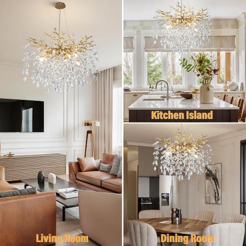 YUYI 23.6 Modern Gold Tree Branch Crystal Chandelier, 8-Light Round Raindrop Pendant Lighting for Dining Room Living Room Bedroom Kitchen Foyer Entryway, Luxury K9 Crystal Statement Light Fixture