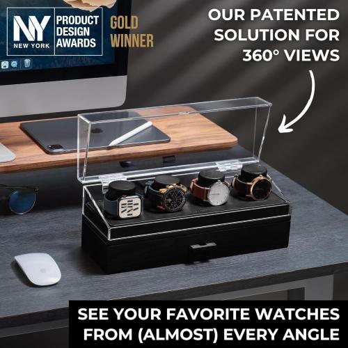 Holme & Hadfield Premium 4-Slot Wooden Watch Display Case – Handcrafted Men’s Watch Box with Accessory Drawer, Hinged Cover, Leather Lining–Christmas Gift for Collectors–Luxury Built to Last