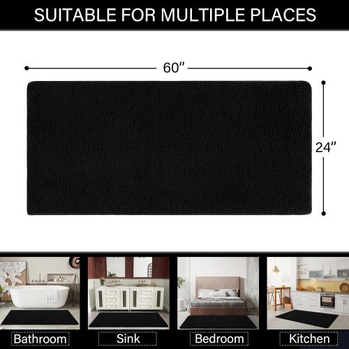 LOCHAS Luxury Bathroom Rug Shaggy Bath Mat 24 x 60 Inch, Washable Non Slip Bath Rugs for Bathroom Shower, Soft Plush Chenille Absorbent Carpets Mats, Black