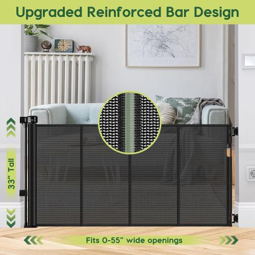 Reinforced 55 Wide Retractable Baby Gates with Reinforced Strips Retractable Dog Gate for the House Prevents Bottom Drilling Through Kid/Pet Mesh Baby Gate for Stairs Puppy Gates for the House, Black