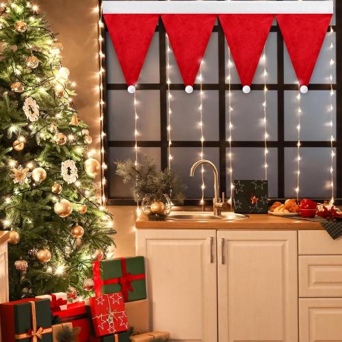 Christmas Kitchen Curtains Valances Set 3pcs Red Kitchen Window Curtains Valances Santa Hats Short Window Drapes Rod Pocket Cafe Tier Curtain Panels for Bathroom Home Living Room Xmas Decorations