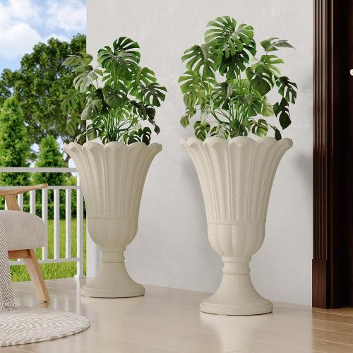 23 Tall Planters for Outdoor Plants Set of 2, Planter with Drainage Holes and Petal Design, Large Outdoor Planters for Porch, Garden, Indoor, Beige