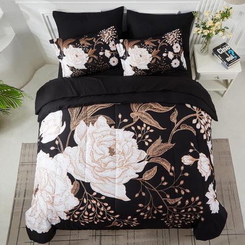 Yogeneg 7 Piece Bed in a Bag King Size Comforter Set Botanical Floral Bedding Set,White Flower Leaves Printed on Black Reversible Design,Soft Microfiber Comforter with Sheet Set,All Season(Black,King)