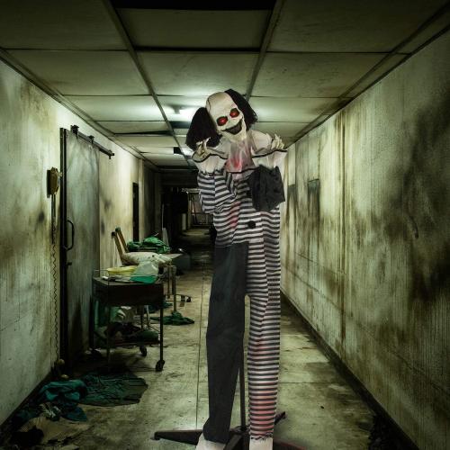 Haunted Hill Farm Scary Animatronic Talking Clown with Touch Activated Lights and Sounds, Indoor or Covered Outdoor Halloween Decorations for Home or Haunted House, Battery Operated Halloween Props