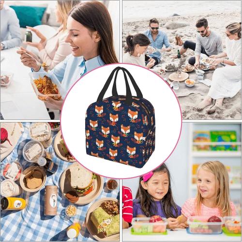 Cute Fox Lunch Bag for Women Small Insulated Lunch Box Leakproof Reusable Girls Lunchbag Office Work School Picnic Portable Black