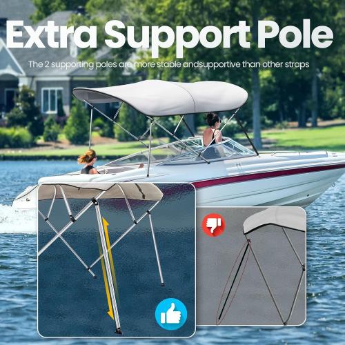 3-4 Bow Bimini Boat Top Cover Sun Shade Boat Canopy Waterproof 1 Inch Stainless Aluminum Frame 46 Height with Rear Support Poles and Storage Boot 6 Colors -11 Sizes