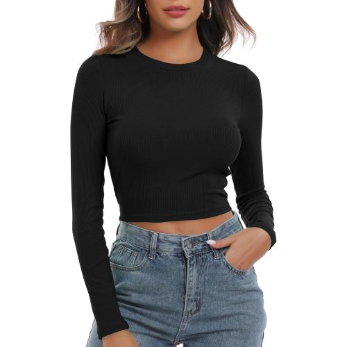 Size M  Round Neck Long Sleeve Knit Ribbed Fitted Crop Top Casual Basic Shirts