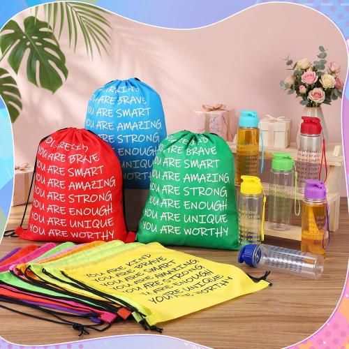 End of Year Gift 17 oz Motivational Plastic Water Bottles Bulk and Drawstring Backpack Set Rainbow Colored Inspirational Teacher Gifts Set Back to School Party Favor Supplies