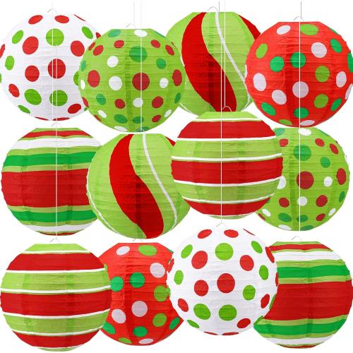 12 Pcs 10 Red Green Paper Lantern Christmas Party Decorations Hanging Lantern Indoor Outdoor Decorative Christmas Round Ceiling Hanging Decor for Holiday Xmas Party Baby Shower Birthday